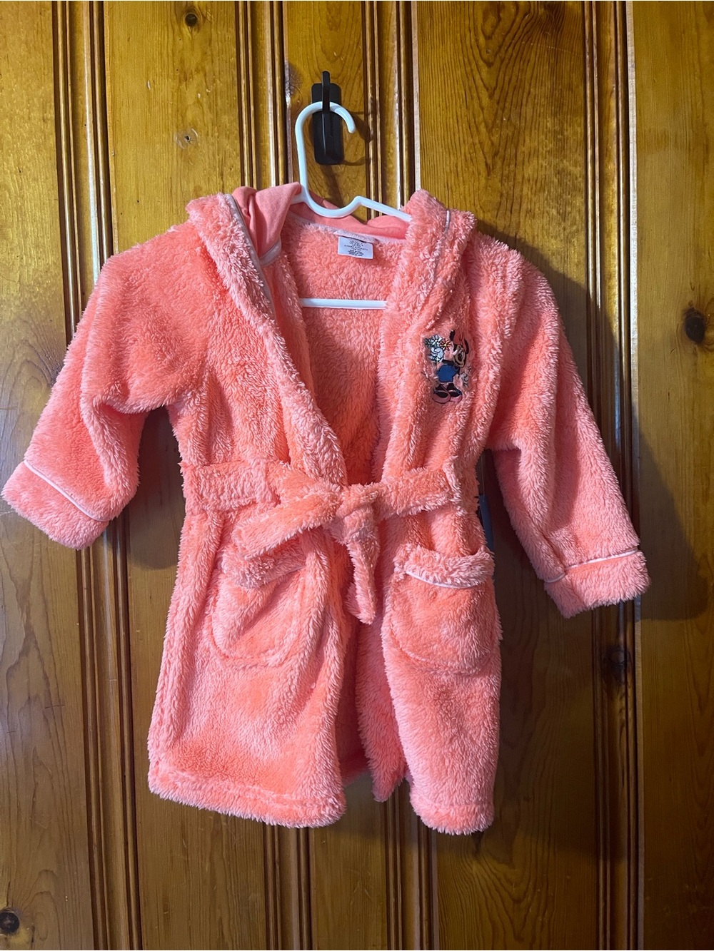 Disney Coral Pink Plush Hooded Kids Bathrobe with Minnie Patch